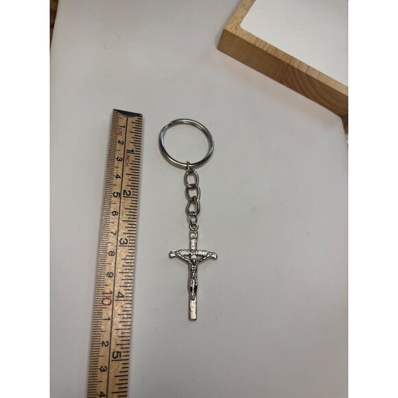 Silver-Tone Crucifix Keychain With Religious Jesus Cross Pendant - Picture 7 of 13